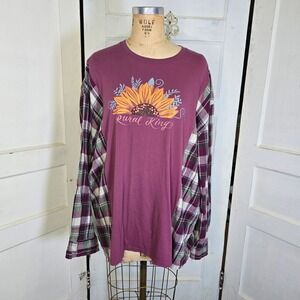 Upcycled Sunflower raspberry tshirt raspberry plaid flannel OS‎
